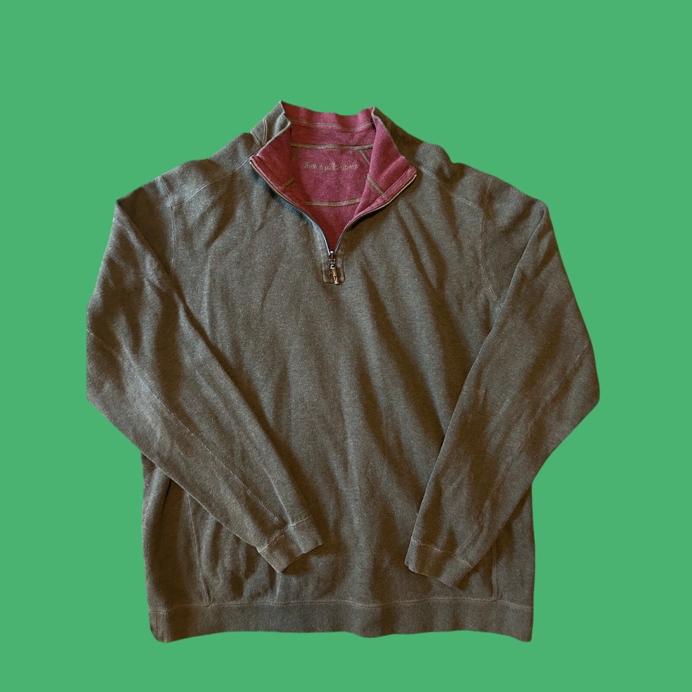 Tommy Bahama Pullover Mens Large Green/Red Reversible 1/4 Zip Cotton Sweater
